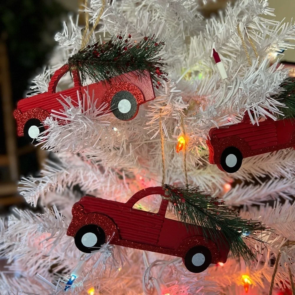 2x Christmas Red Truck Wooden Christmas Ornaments